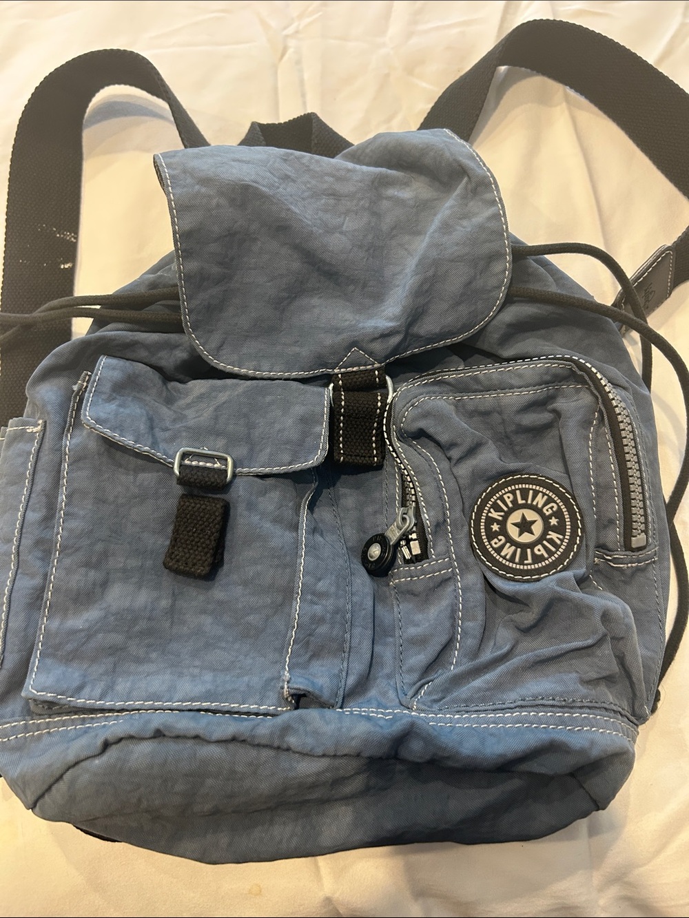 Kipling Slate Blue Drawstring Backpack with Front Pockets